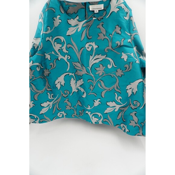 Caroline Rose NWT Turquoise Blue & Silver Damask Floral Blouse Plus Size 3X - Picture 6 of 13